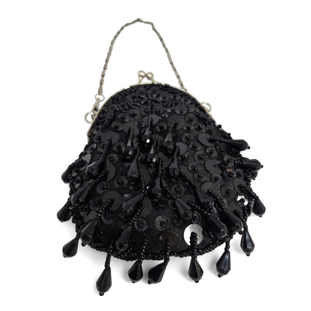 JESSICA McCLINTOCK Mini Beaded Bag COIN PURSE Evening DANGLE BEAD Kisslock CHAIN - Picture 2 of 5